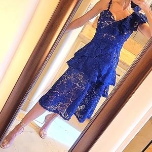 Royal Blue Alice & Olivia Tiered Lace Shoulder Dress, Sz 2